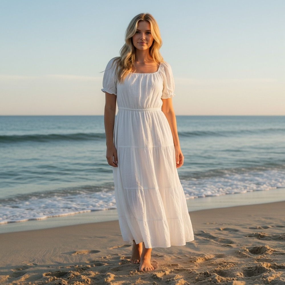 Indigo Rose M Peasant Maxi Dress Ivory Cottagecore Milkmaid Puff Sleeve Boho